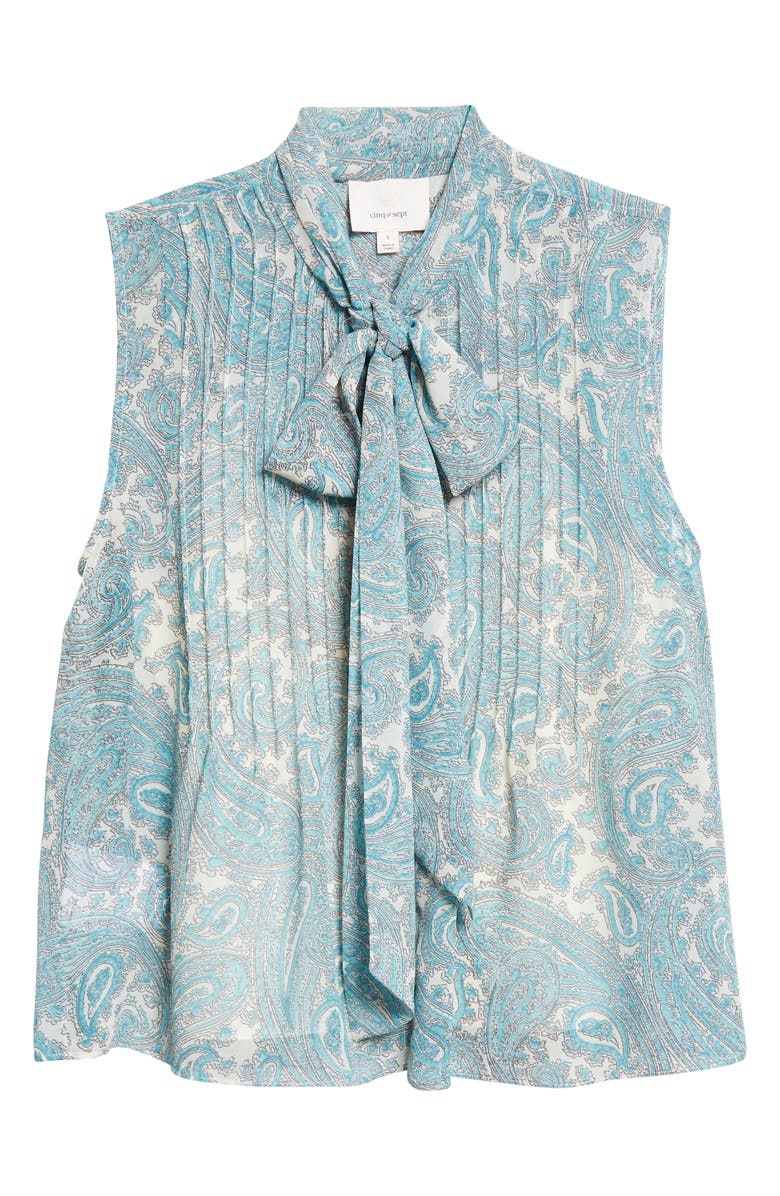 Cinq à Sept Hendrix Lois Paisley Pleated Tie Neck Top, Alternate, color, Gardenia/ Blue Graphite
