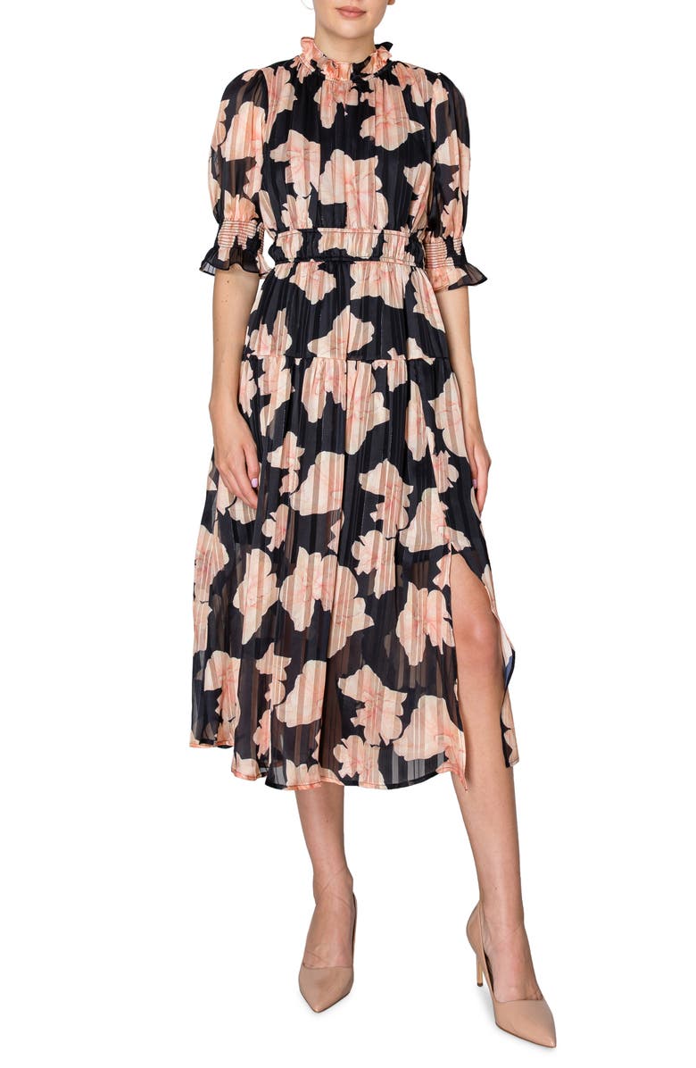 MELLODAY Mock Neck Elbow-Length Sleeve Floral Print Midi Dress, Main, color,