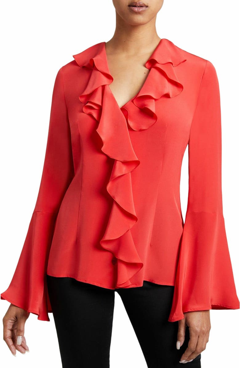 Santorelli Sydney Long Sleeve Ruffle Neck Silk Blouse, Main, color, 