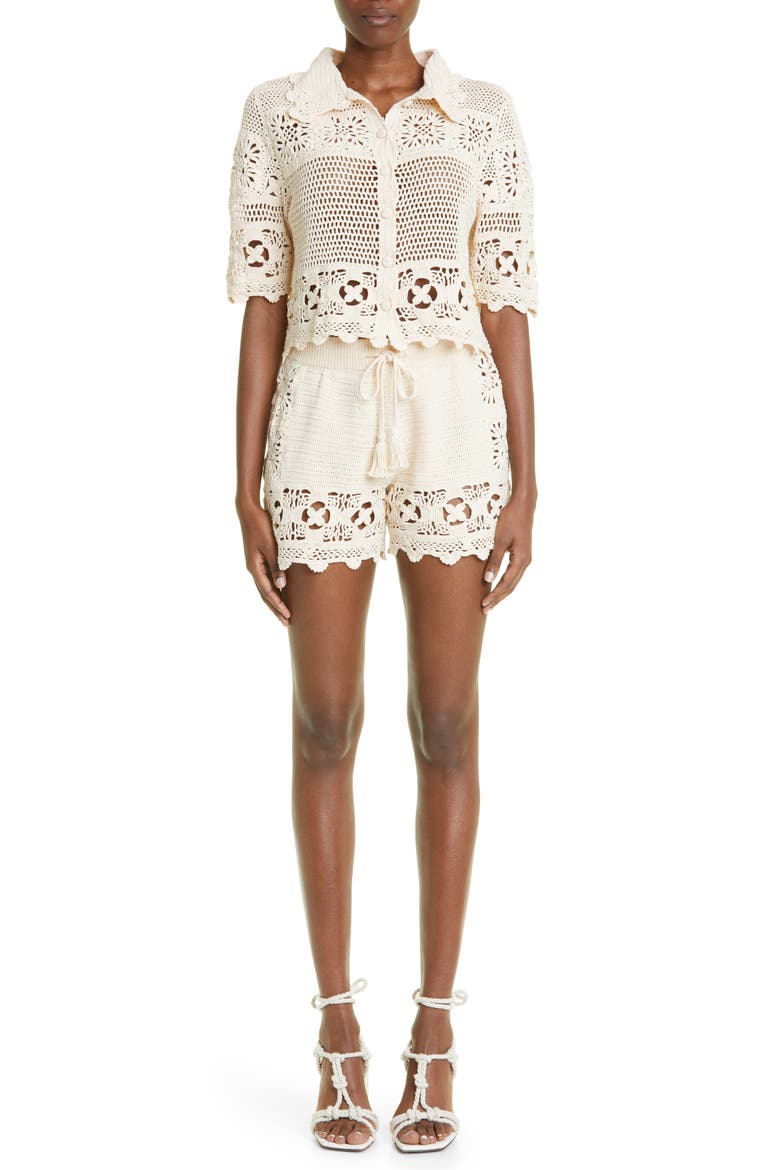 Cotton Crochet Crop Button-Up Shirt, Alternate, color, NATURAL