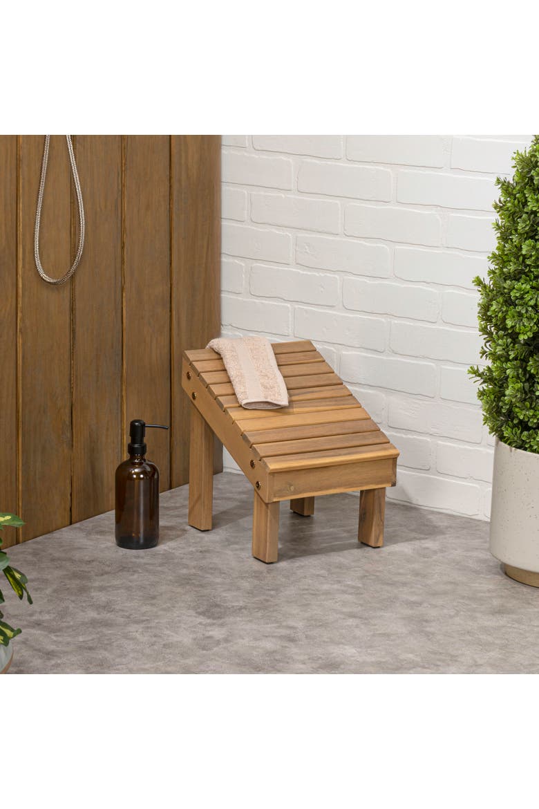 Saru Minimalist Solid Acacia Wood Shower Foot Rest for Shaving Legs, Water-Resistant Slanted Spa Stool for Inside Shower, Alternate, color, Light Teak