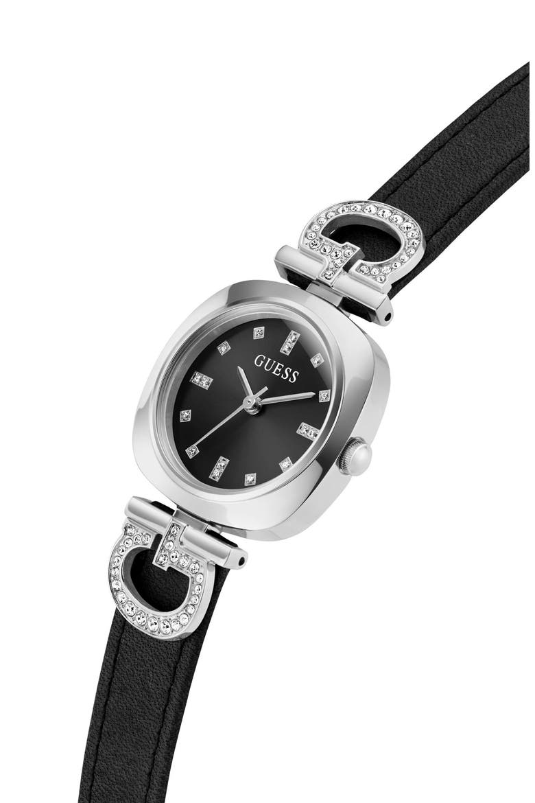 Crystal G-Logo Leather Strap Watch, 28mm, Alternate, color, BLACK