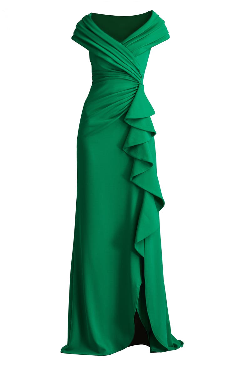 Cascade Ruffle Portrait Neck Gown, Alternate, color, GREEN LEAF