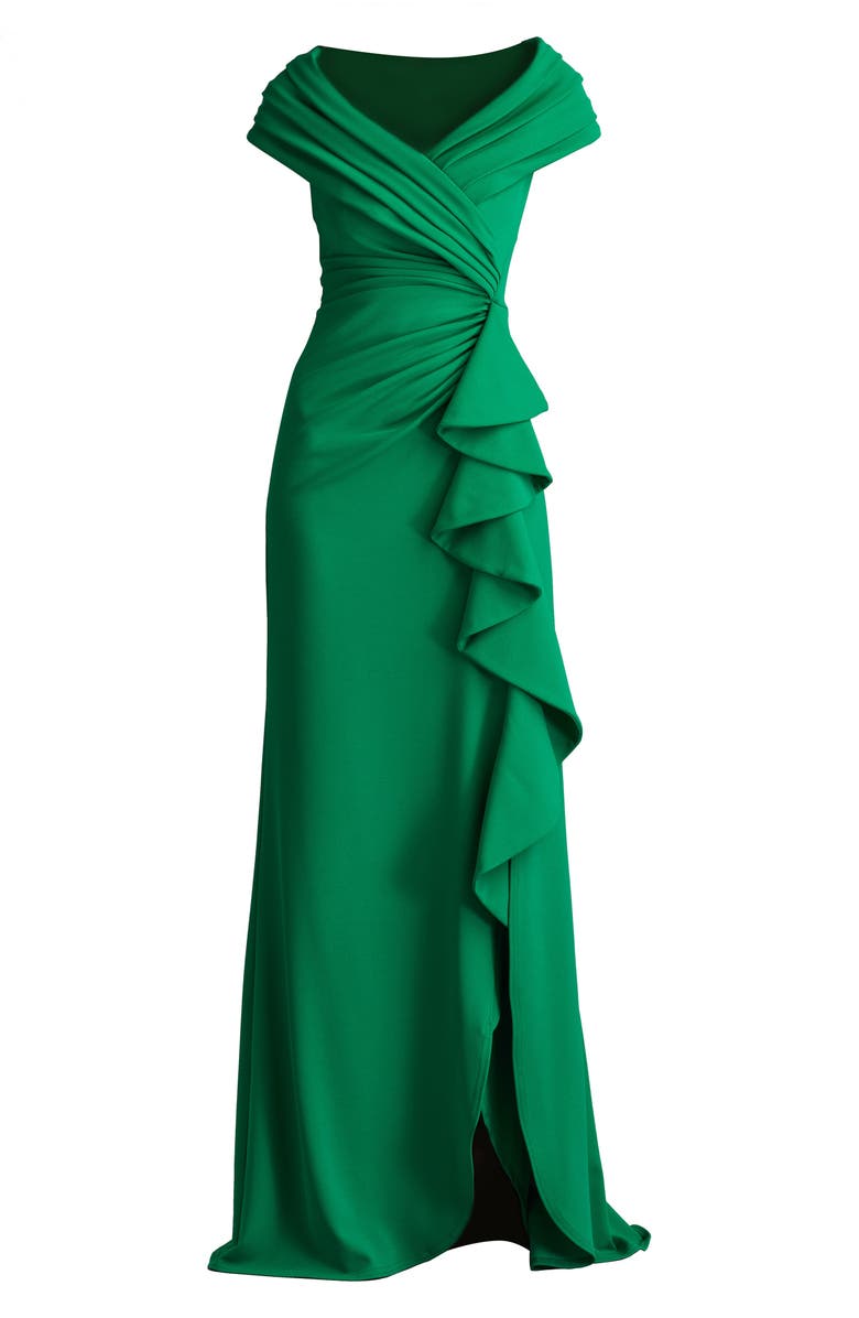 Tadashi Shoji Cascade Ruffle Portrait Neck Gown, Alternate, color, Green Leaf