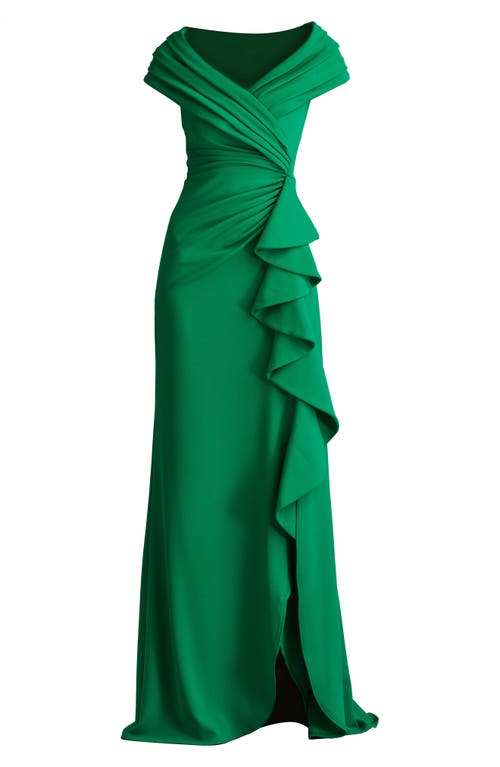 Tadashi Shoji Portrait Collar Gown With Cascading Ruffle In Green Leaf