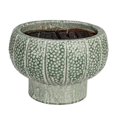 Embossed Terra-cotta Footed Vase Planter with Dot Pattern and Crackle Glaze, Green