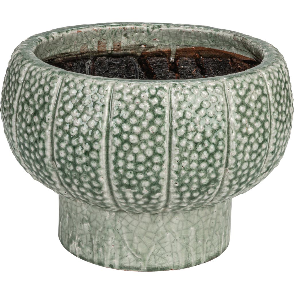 Storied Home Embossed Terra-cotta Footed Vase Planter With Dot Pattern And Crackle Glaze, Green