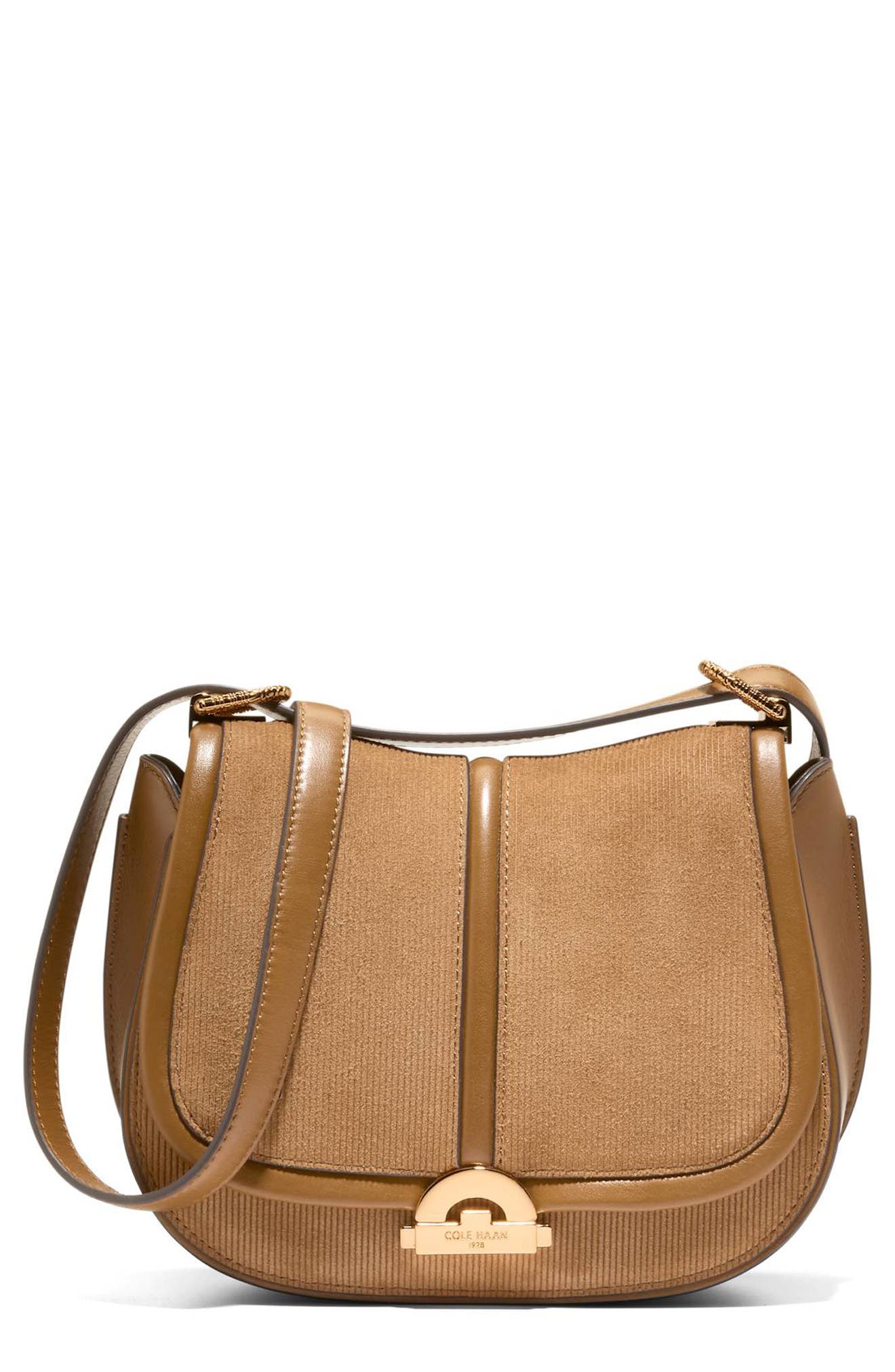 Cole Haan Celenea Saddle Bag, Main, color, Golden Honey Embossed Suede