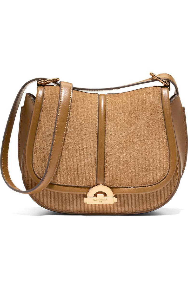 Cole Haan Celenea Saddle Bag, Main, color, Golden Honey Embossed Suede