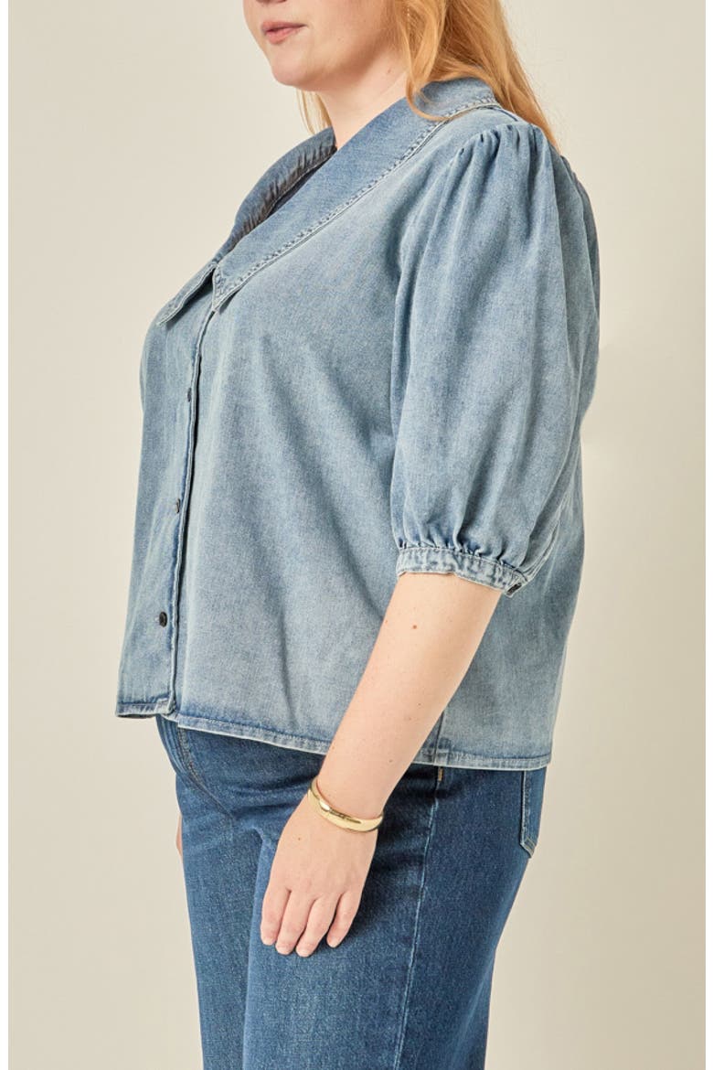 Puff Shoulder Denim Shirt, Alternate, color, BLUE