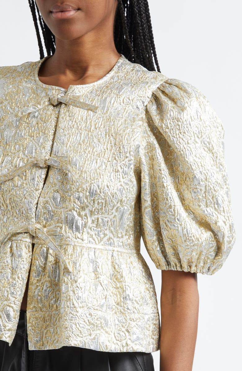 Ganni Metallic Jacquard Peplum Top, Alternate, color, 