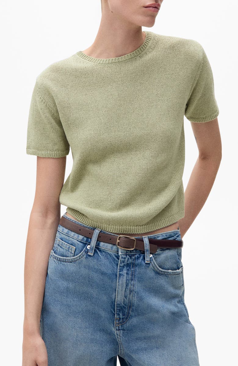 MANGO Madeano Short Sleeve Crewneck Sweater, Main, color, Aqua Green