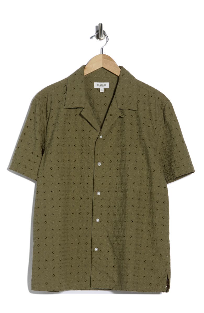 Bonobos Riviera Short Sleeve Cotton Shirt, Main, color, Olive Green Eyelet