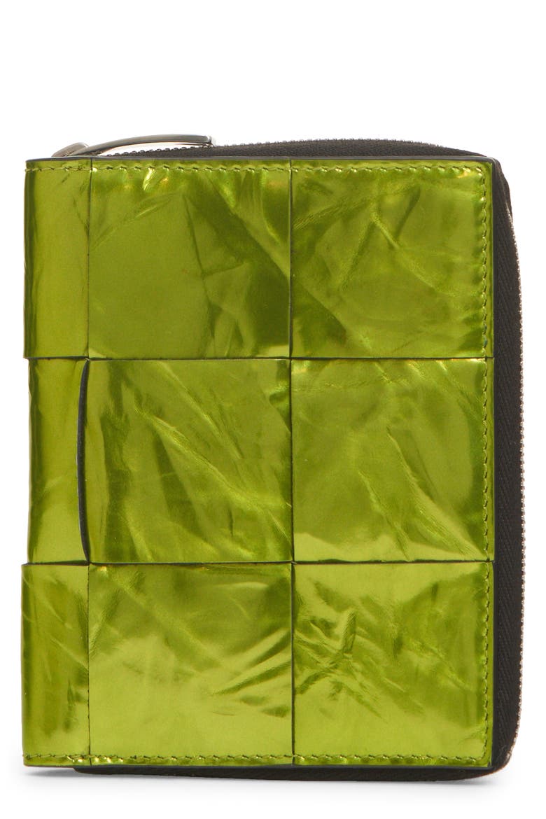 Intrecciato Metallic Leather Zip Wallet, Main, color, CHLOROPHYLL-B/ BL-SIL