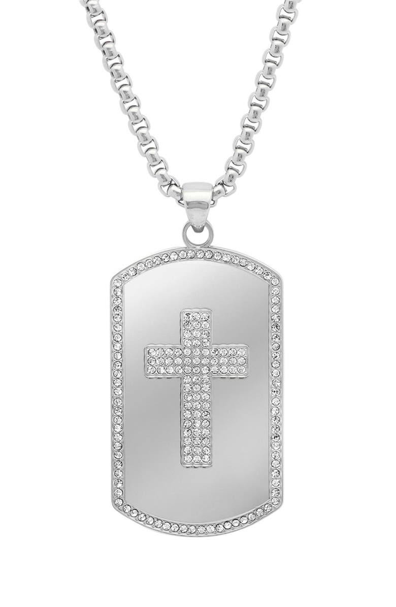 HMY JEWELRY Men's CZ Cross Dogtag Pendant Necklace, Main, color, Silver