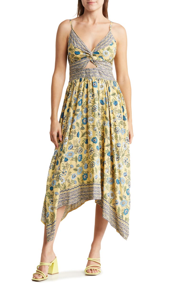 Angie Floral Print Peekaboo Handkerchief Hem Maxi Dress, Main, color, 