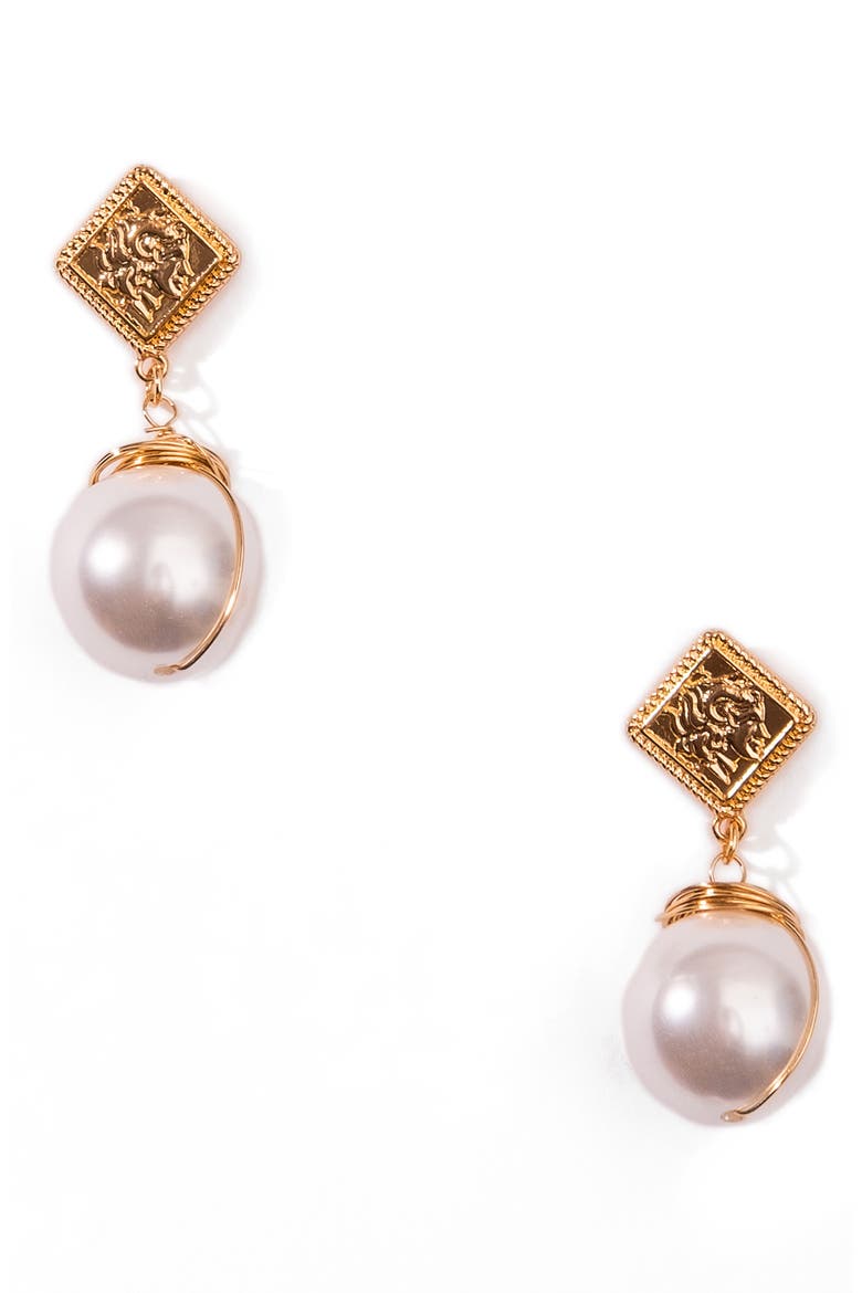 x Jenn Im Jinju Imitation Pearl Drop Earrings, Main, color, GOLD