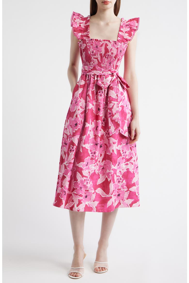 Smocked Ruffle Midi Dress, Main, color, VIBRANT PINK MULTI