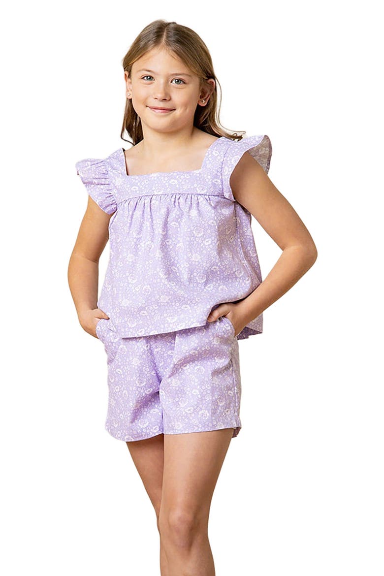 Girls' Flutter Sleeve Faux Top Pull-On Linen Romper, Toddler, Main, color, Lavender Fields Floral