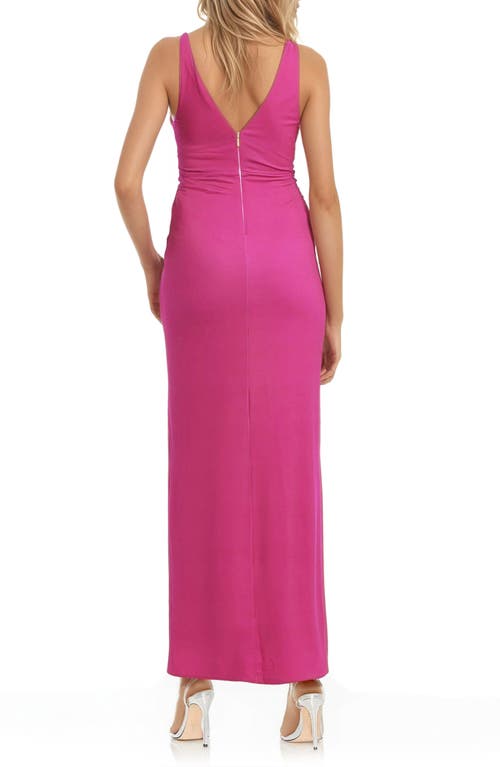 Jewel Badgley Mischka Twist Front Lace & Stretch Jersey Gown In Pink