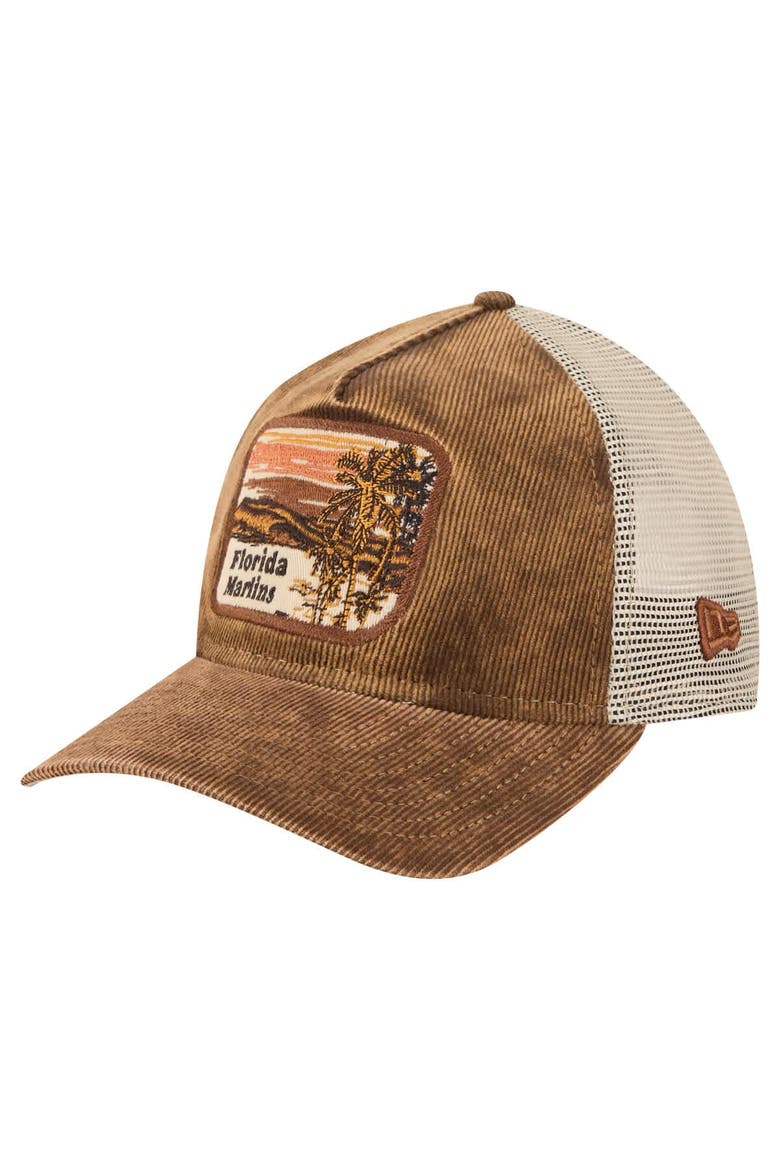 Men's New Era Dark Brown Florida Marlins Vintage Landscape 9TWENTY A-Frame Adjustable Trucker Hat, Alternate, color, Dark Brown
