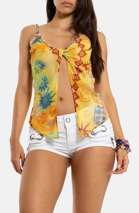 Beaded Strap Button Trim Top