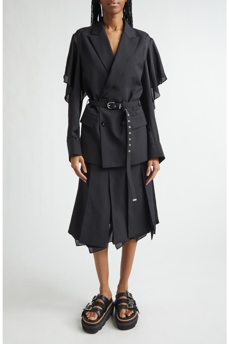 Chalk Stripe Mixed Media Belted Blazer, Alternate, color, BLACK