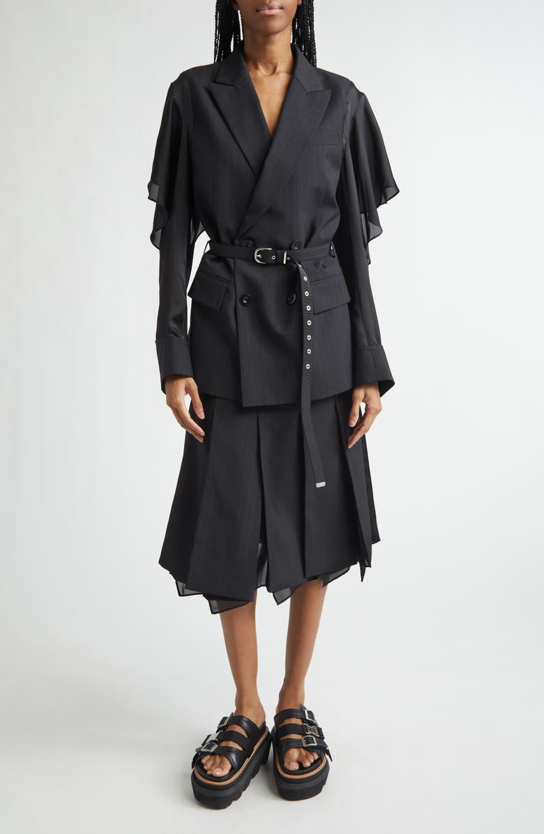 Sacai Chalk Stripe Mixed Media Belted Blazer, Alternate, color, Black