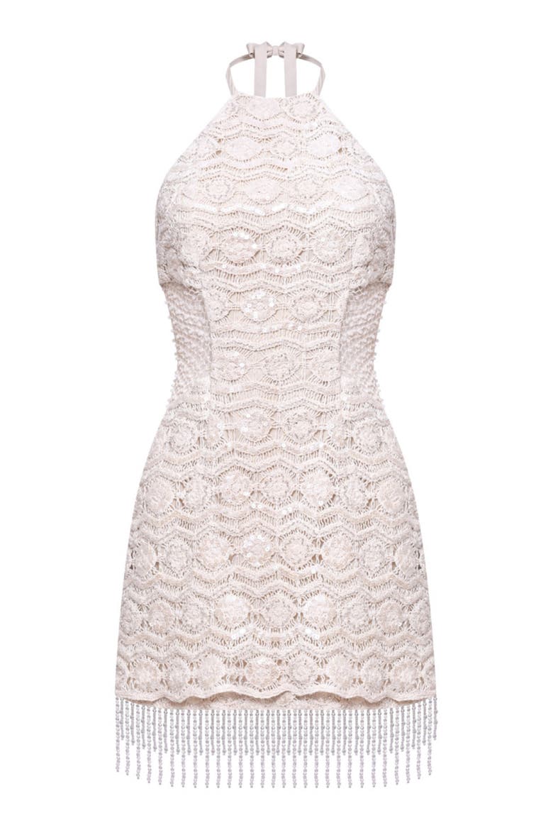 Crochet Bloom Halterneck Mini Dress, Alternate, color, BEIGE