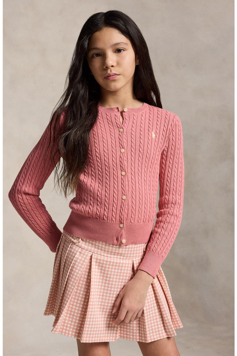 Kids' Cable Stitch Cotton Cardigan, Alternate, color, DESERT ROSE