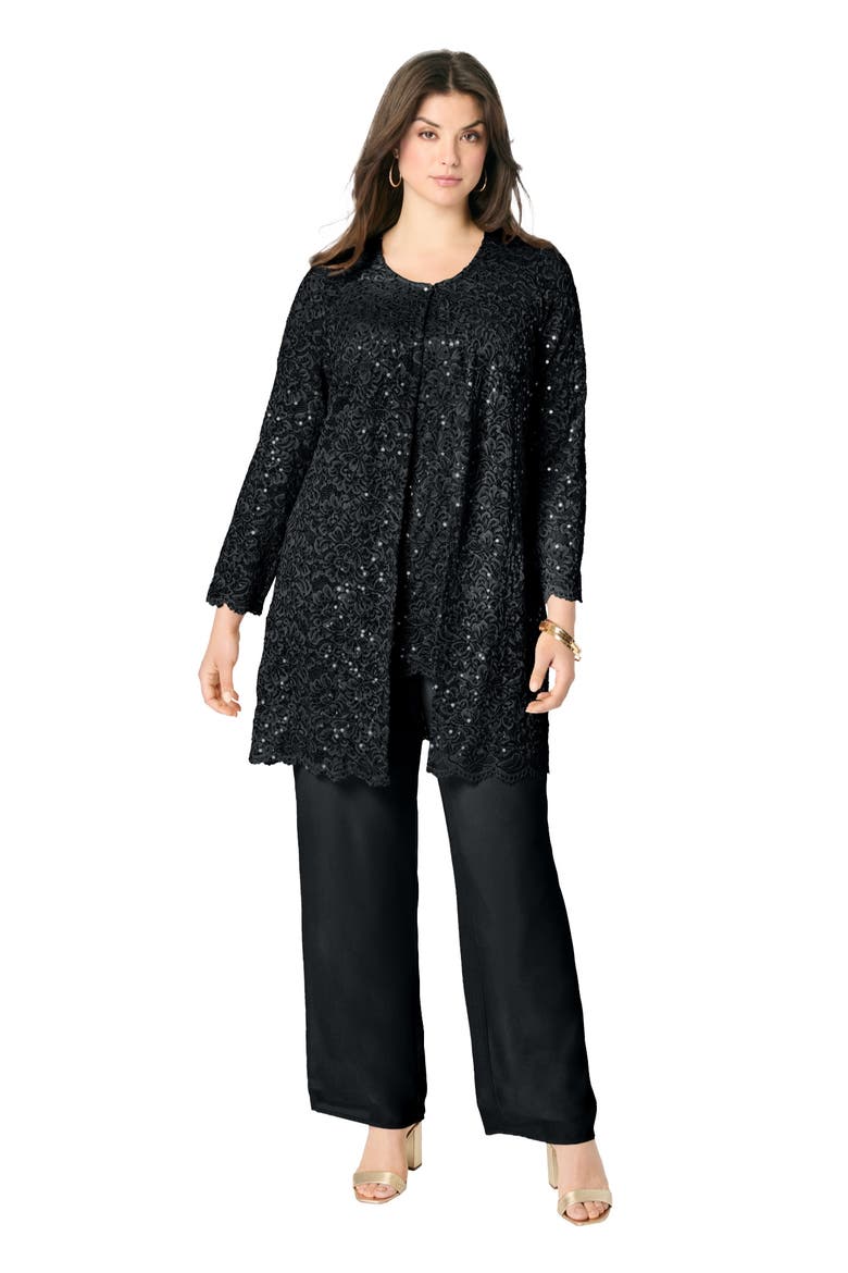 Plus Size 3 Piece Allover Sequin Lace Jacket And Tank Pant Set, Main, color, BLACK