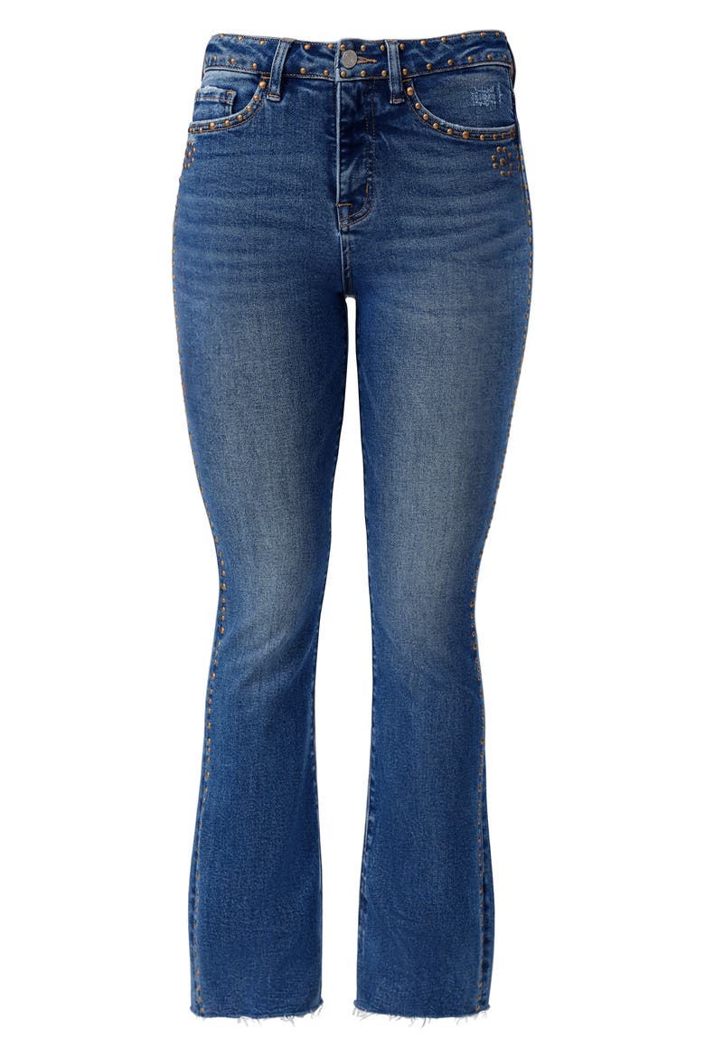 Rivet Studded High Waist Raw Hem Bootcut Jeans, Alternate, color, MEDIUM BLUE