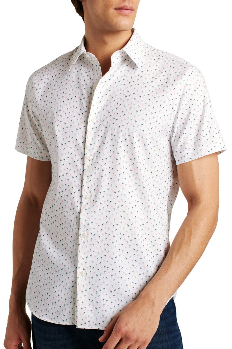 Flamingo Print Short Sleeve Performance Button-Up Shirt, Main, color, PHIL FLAMINGO C33