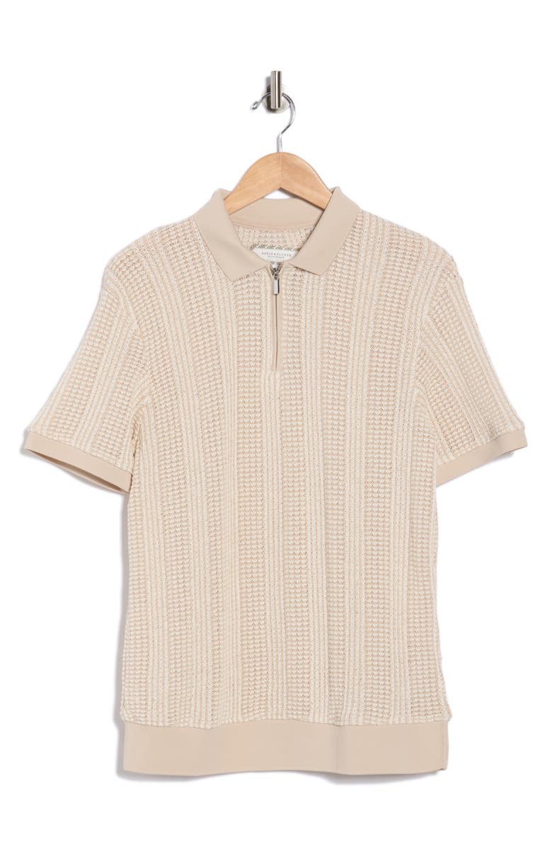 DENIM AND FLOWER Textured Knit Quarter Zip Polo, Main, color, Beige W/ Cream