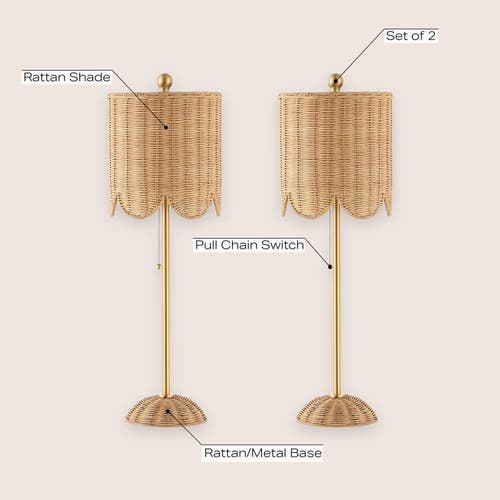 Jonathan Y Celerie 27.5" Coastal Bohemian Rattan/iron Scalloped Buffet Led Table Lamp With Pull Chai In Natural/brass Gold