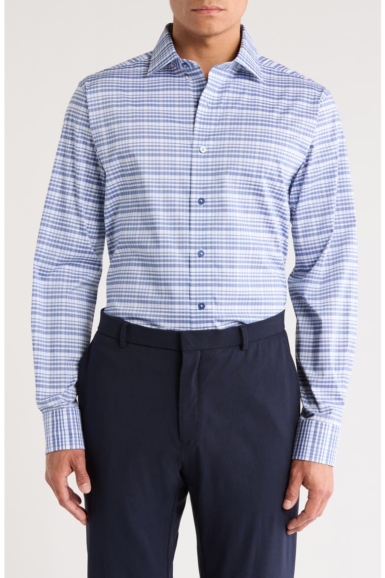 Trim Fit Plaid Cotton Blend Dress Shirt, Main, color, NAVY