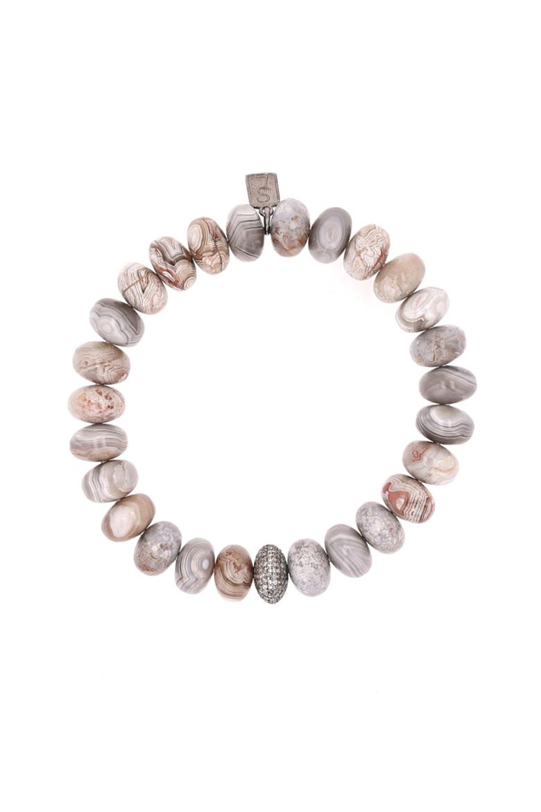 Cream Agate 10MM Bead Bracelet With Diamond Donut, Alternate, color, Sterling Silver / Cream Agate