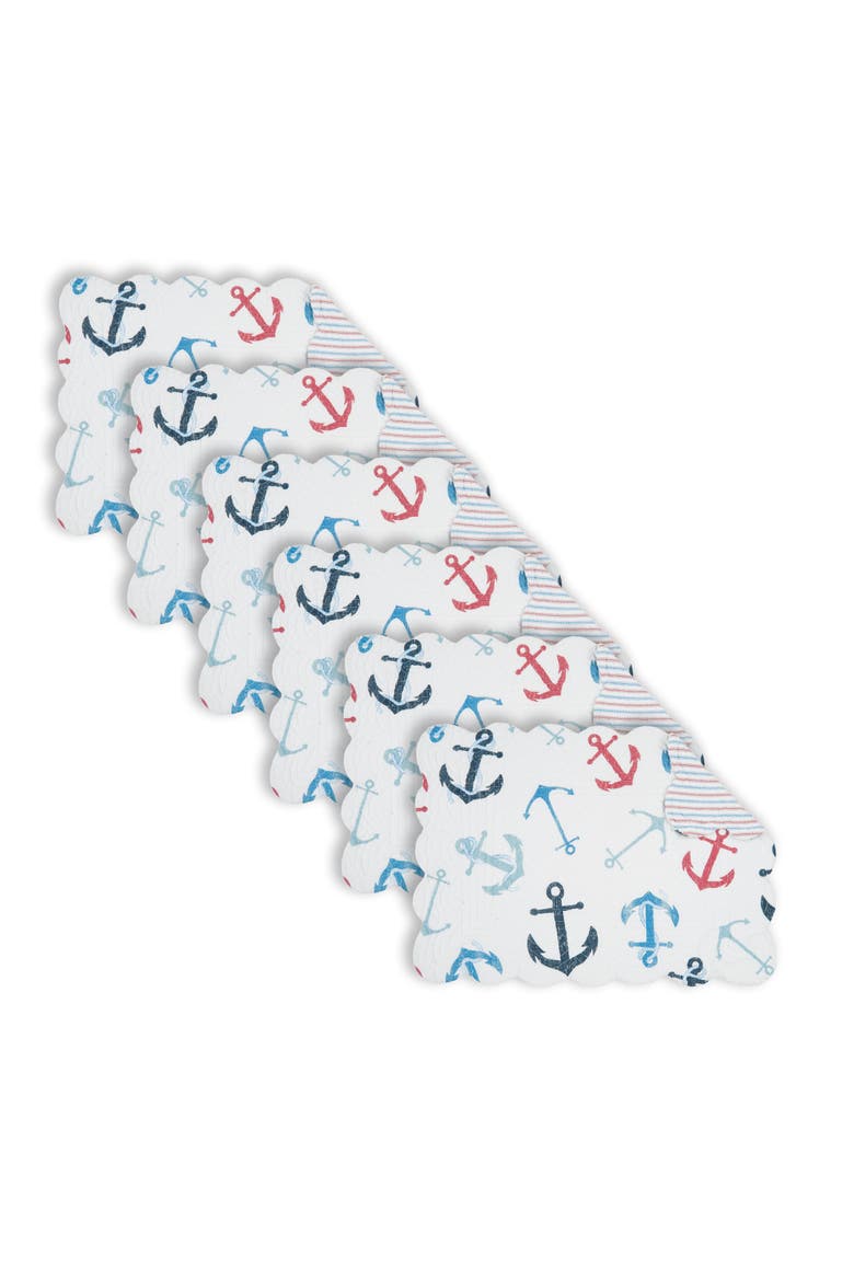 Anchors Away Cotton Quilted Rectangular Reversible Placemats Set of 6, 13" x 19", Main, color, Blue