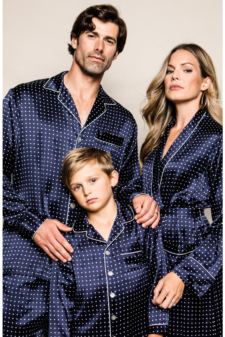 Navy Polka Dot Silk Pajamas, Alternate, color, NAVY