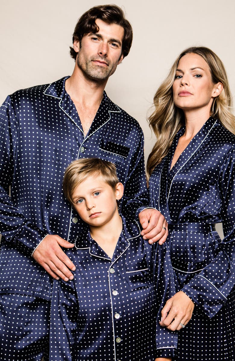 Petite Plume Navy Polka Dot Silk Pajamas, Alternate, color, 