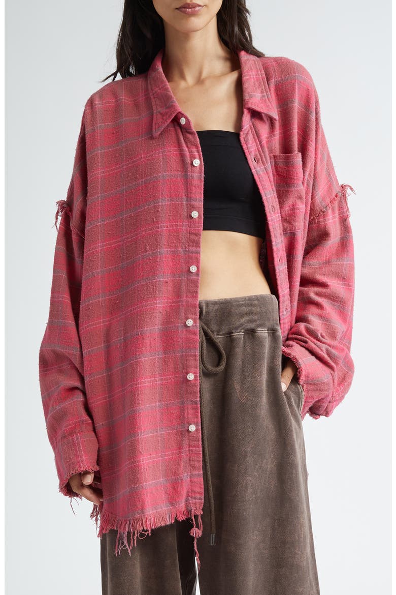 Shredded Seam Oversize Plaid Cotton Flannel Button-Up Shirt, Main, color, RASPBERRY OVERDYED PLAID