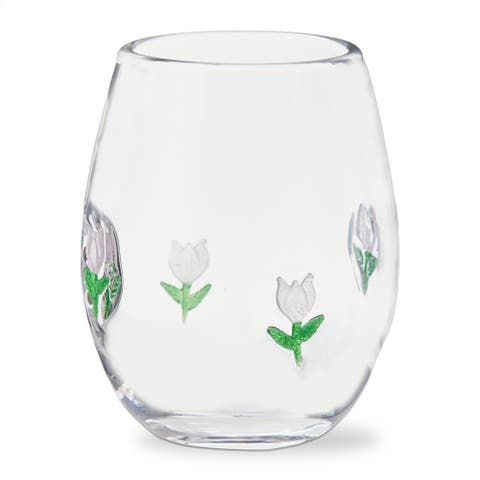 Flower Bouquet Stemless Wine Glass 16 oz Multi Glass 3.5x3.5x4.5 in