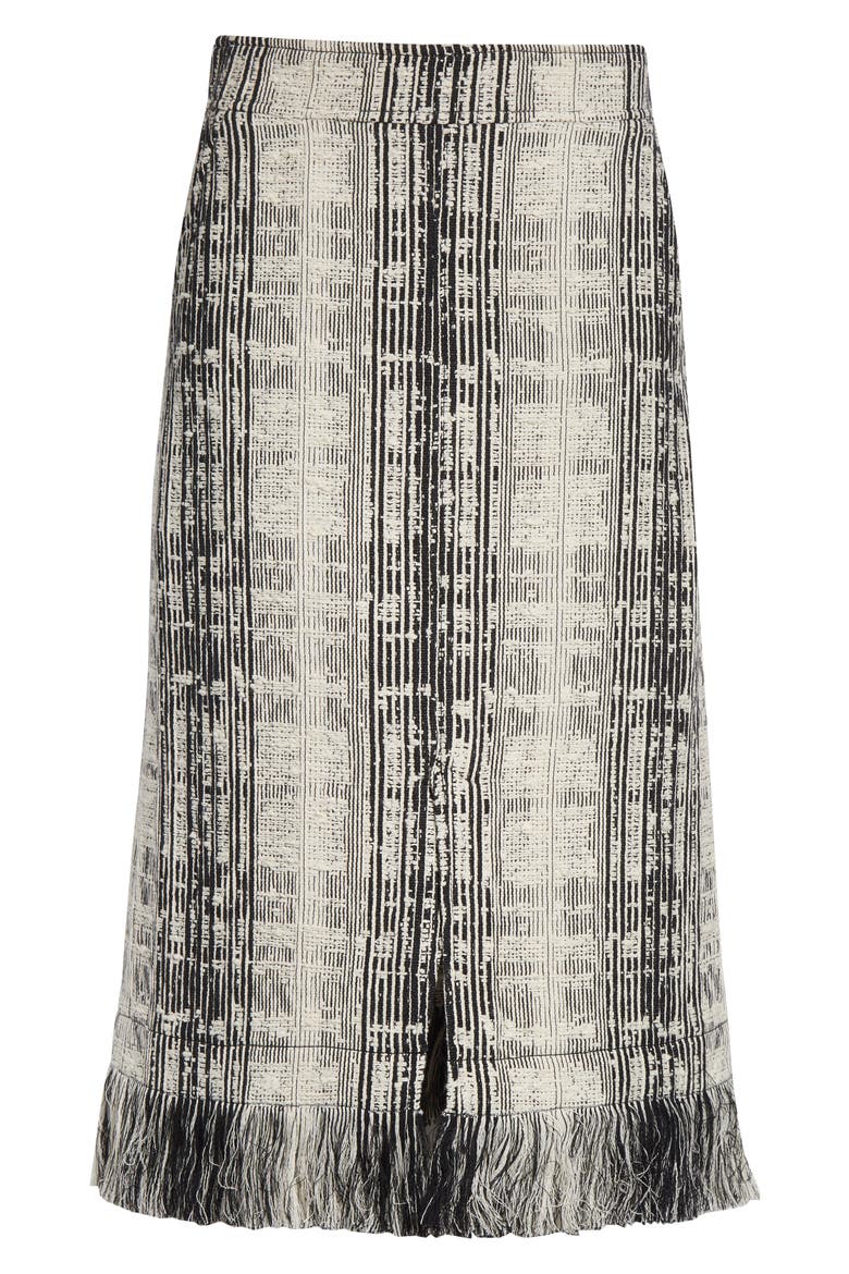 Fringe Trim Mixed Tweed Midi Skirt, Alternate, color, BLACK-IVORY