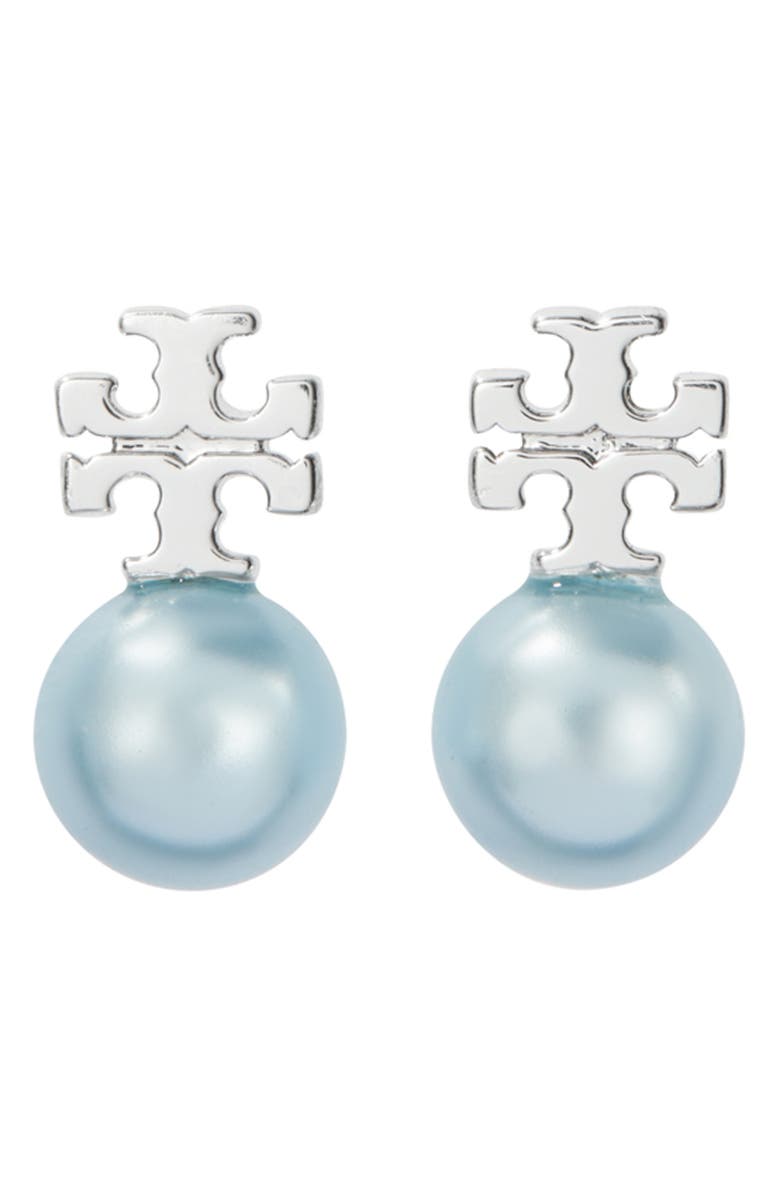 Tory Burch Faux Pearl Stud Earrings, Main, color, Tory Silver / Blue