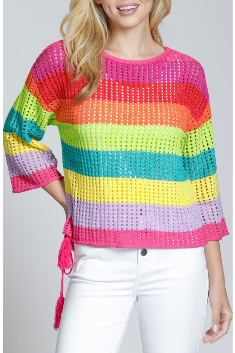 Lattice Stripe Crewneck Top, Main, color, YELLOWPINK MULTI