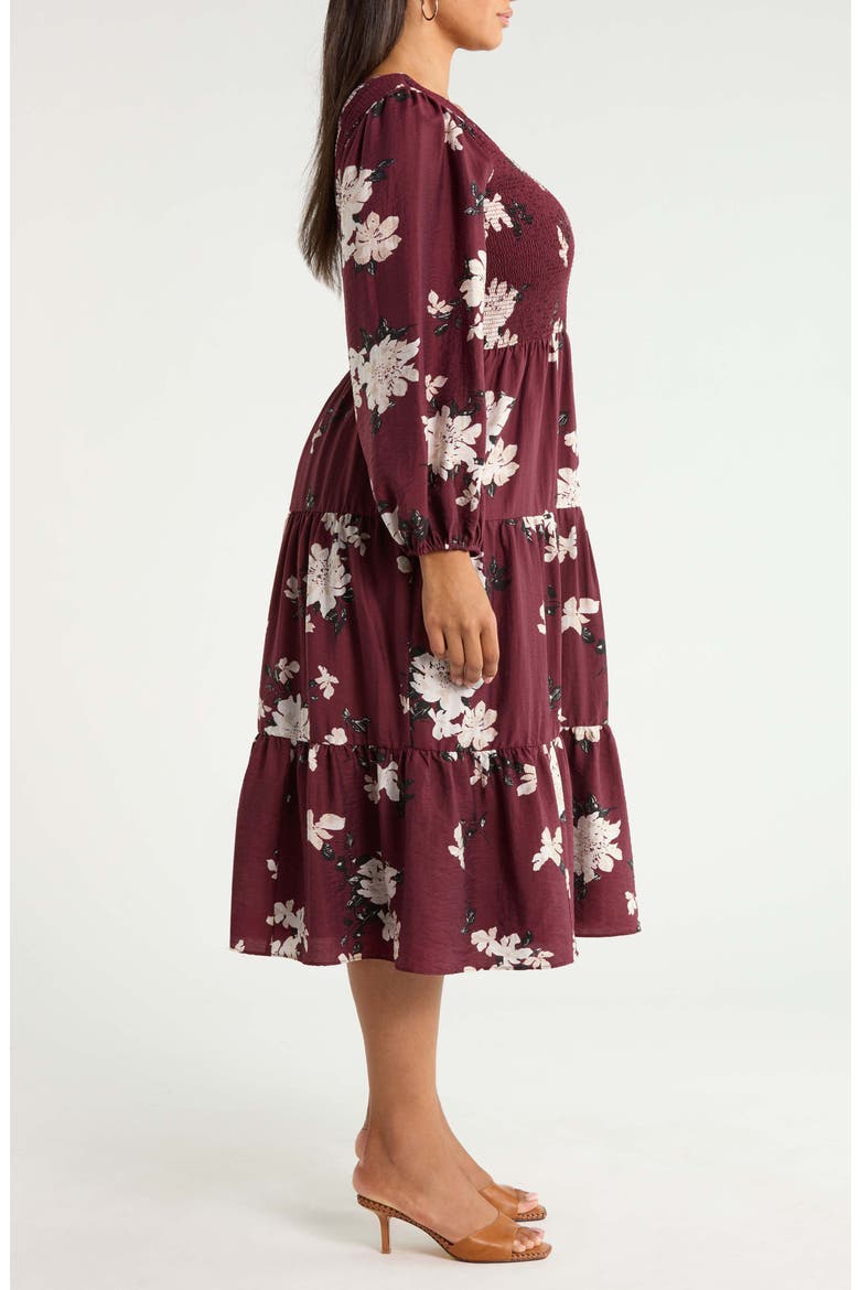Smocked Midi Dress, Alternate, color, BURG- IVORY ALLI FLORAL