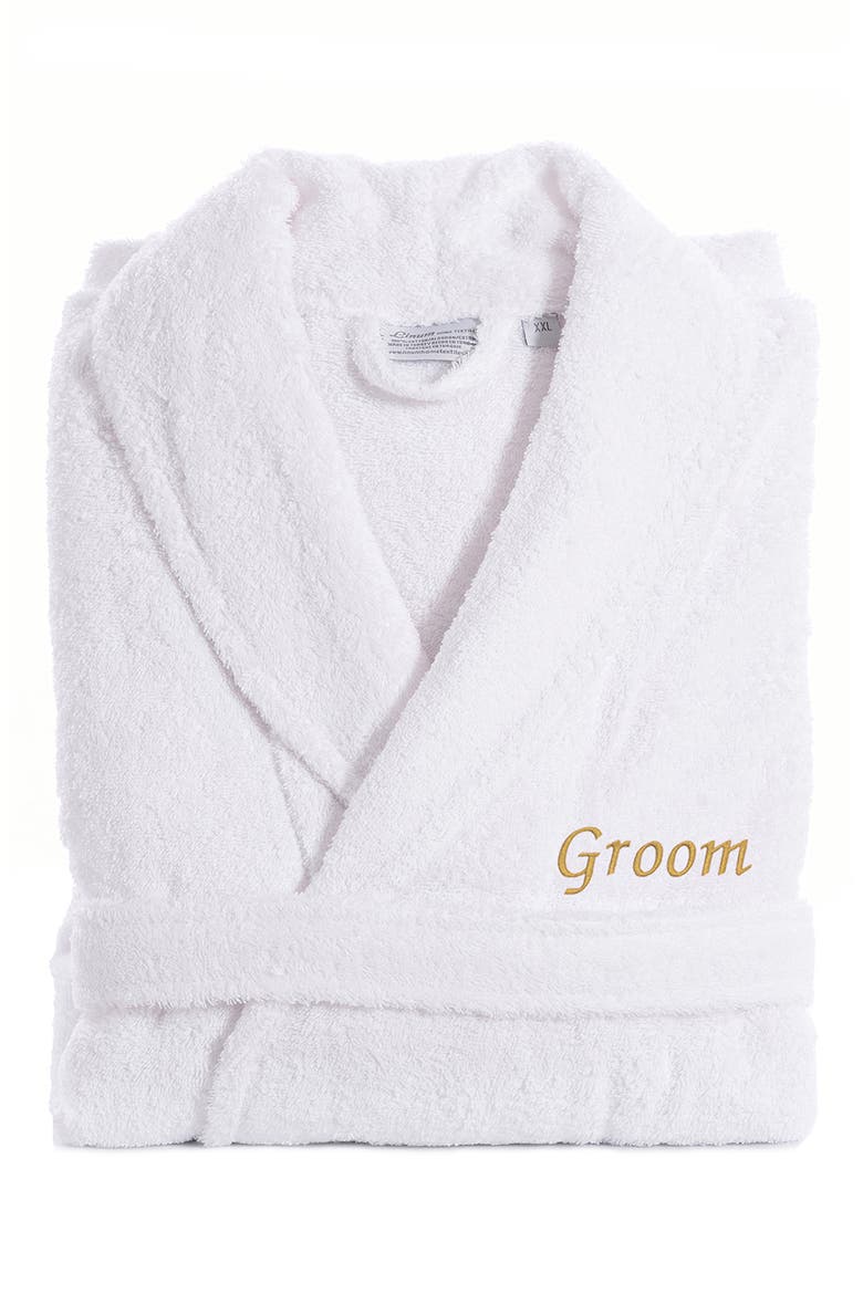 Gold Embroidered 'Groom' Terry Bathrobe, Main, color, WHITE