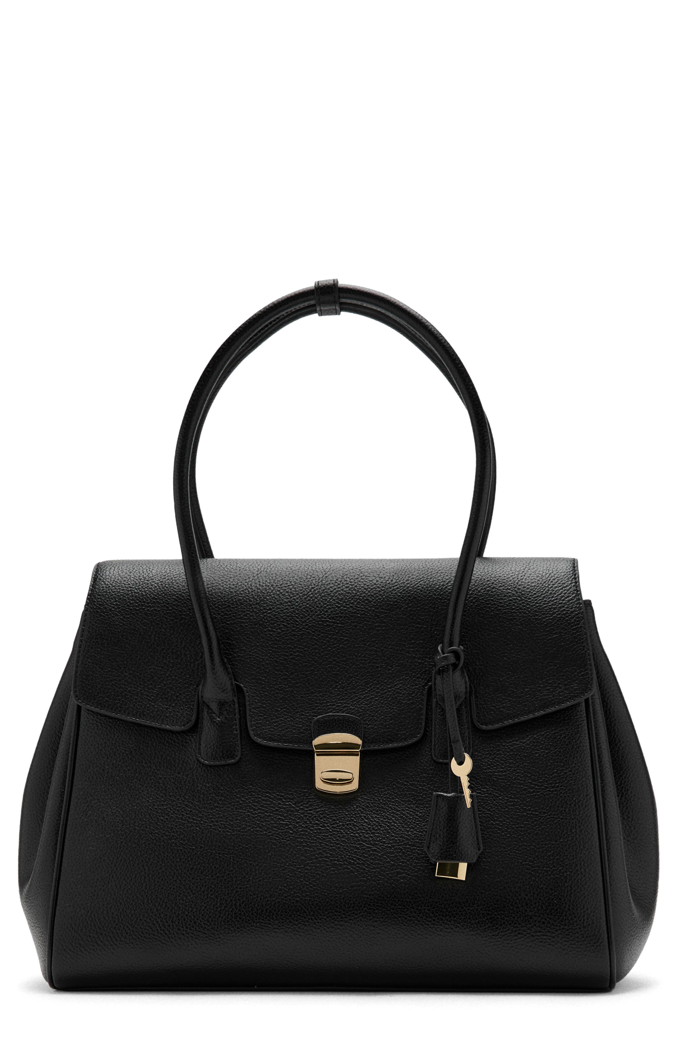 MANGO Medium City Faux Leather Satchel, Main, color, Black