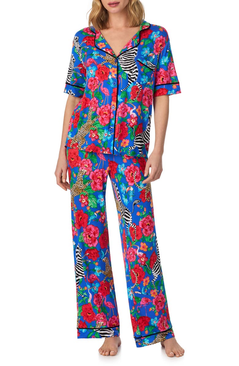 Room Service Pjs Contrast Piping Pajamas, Main, color, Blue Floral