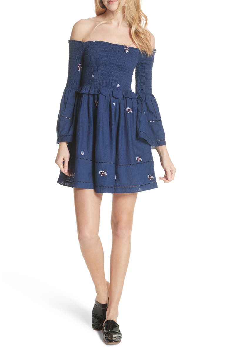 Free People Counting Daisies Embroidered Off the Shoulder Dress, Main, color,